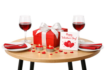 Valentine&rsquo;s Day table with gift box, candles and red wine on transparent background. Romantic dinner setup. Love and romance.