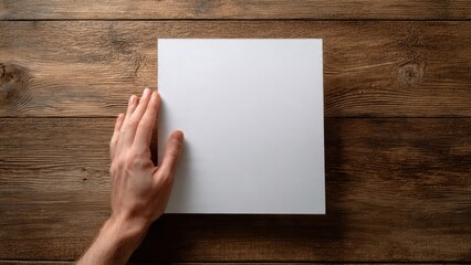 Fototapeta premium Hand on white paper, wood background