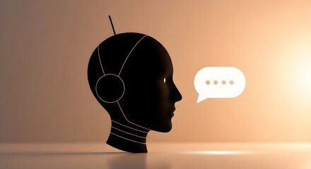 Stylized black silhouette of an AI robot head communicating with a speech bubble, representing artificial intelligence, digital assistant, and machine learning concept.