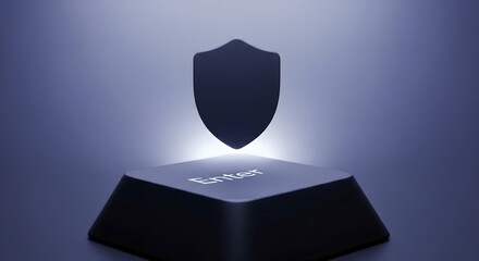 Abstract illustration of a security shield floating above a glowing Enter keyboard key, representing data protection, privacy, and secure login access.