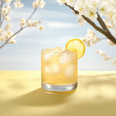 Lemon drink ice cube glass citrus refreshment cold yellow summer blossom branch lemon drink with ice cube clear glass, citrus refreshment blossom