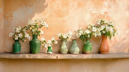Soft light flower ceramic vase rustic shelf green orange vintage bouquet Soft light flower ceramic vase rustic shelf with green orange vintage