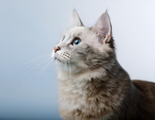 Close up portrait of a beautiful young white British shorthair cat with adorable whiskers and domestic feline eyes looking forward as a cute isolated mammal pet