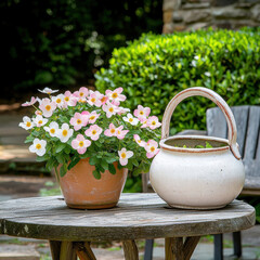 Potted flower outdoor garden rustic table natural light no text high resolution photograph serene scene