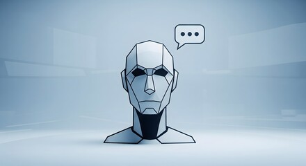 Artificial intelligence chatbot concept showing a geometric robotic head with a message notification bubble icon in a clean digital setting