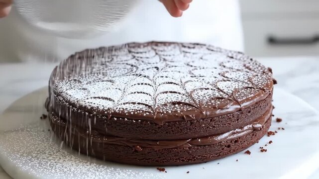 Dust Powdered Sugar Settles Onto Chocolate Cake Creating Sweet Desser