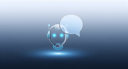 Minimalist 3D render of a futuristic chatbot robot head icon with a glass speech bubble over a dark blue background.