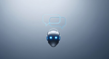 3D rendering of a robot head with glowing eyes and futuristic neon speech bubbles representing AI, machine learning, and digital communication on a gradient background.