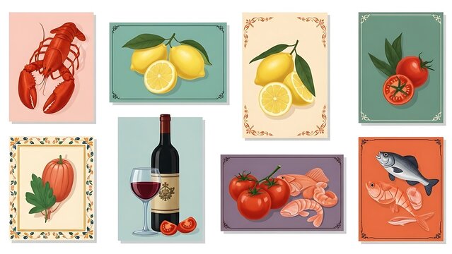 Collection of eight illustrated food cards, featuring various fruits, vegetables, seafood, and wine