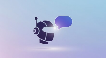 Digital illustration of a dark chatbot head icon with an antenna and glowing speech bubble, representing AI conversation and technology on a gradient background.
