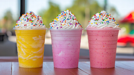 Colorful milkshake drink dessert whipped cream rainbow sprinkles summer refreshment plastic cup cold beverage sweet treat cafe style