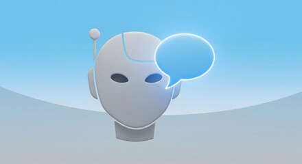 AI Assistant Robot Head with Glowing Speech Bubble 3D Illustration for Communication and Customer Support Technology Concept