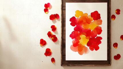 Watercolor flower art red petal pattern orange yellow abstract floral painting white paper rustic wood frame creative wall decor natural light joy