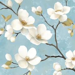 Flower branch white blossom blue background floral pattern spring nature soft pastel magnolia flower blooming tree botanical art Magnolia inspired