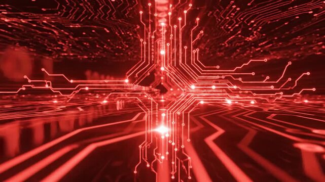 Abstract red circuitry with data pathways and digital network