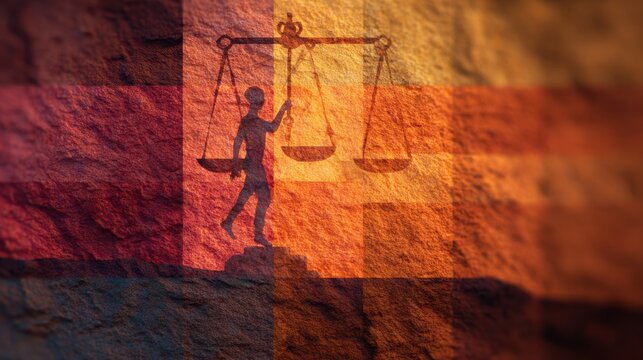 A figure holding scales against a textured stone background, highlighting the blend of human values and technology.