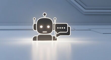 Minimalist 3D rendered chatbot icon with glowing outline and speech bubble representing artificial intelligence and customer service communication technology.