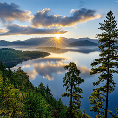 Lake sunrise landscape mountain reflection dramatic sky evergreen forest calm water morning light nature scenery peaceful view serene