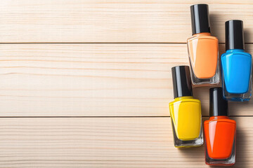 Nail polish bottle color, cosmetic beauty product, bright glossy lacquer arrangement on wooden background giving cheerful contrast