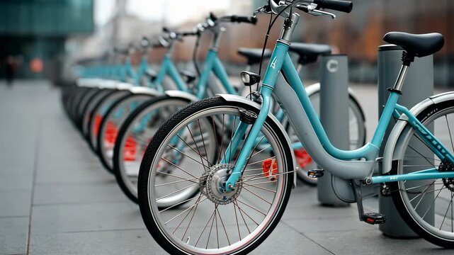 Row of ecofriendly urban bicycles ready for commuters in modern cityscape