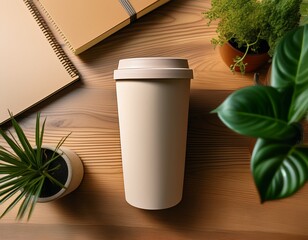 a light beige reusable coffee cup sits on a light brown wooden surface next to notebooks and plants