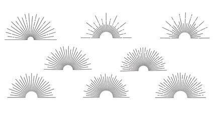 Collection of stylized sunburst designs radiating from a semi-circle base against white background