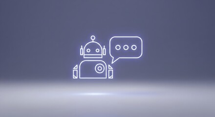 Chatbot icon illustration with glowing neon outline and speech bubble representing artificial intelligence support and service.