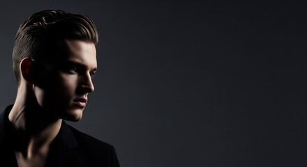 Dramatic portrait of a handsome man in shadow against a dark background.