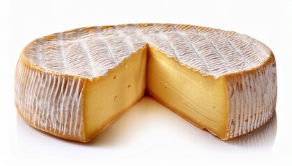 round cheese wheel with a slice cut out isolated on white background