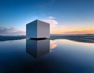 minimalist white cube structure on reflective surface at twilight