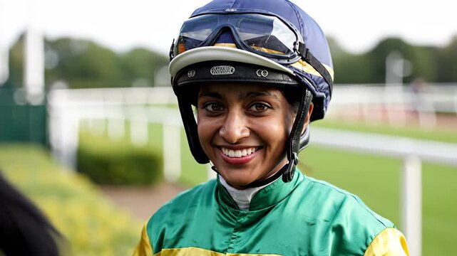 Cheerful female jockey posing outdoors bright smile gear close-up