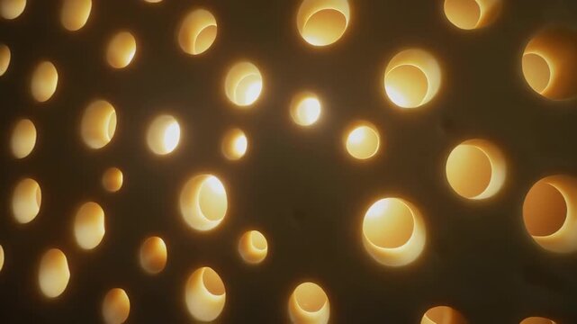 Porous Beige Block with Warm Yellow Light Shining Through the Holes