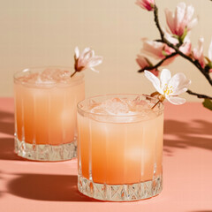 Soft pastel cocktail pink drink iced beverage spring flower blossom garnish elegant glass natural light minimal style refreshing celebration