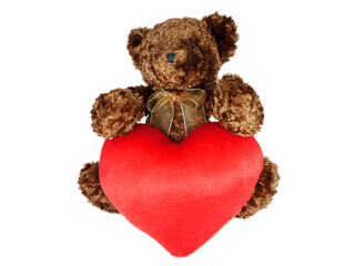 Brown teddy bear holding big red heart