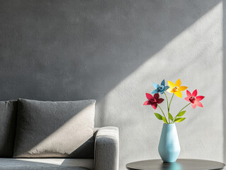 Modern living room sofa grey wall sunlight paper flower colorful decoration blue vase side table minimalist style home interior natural light cozy