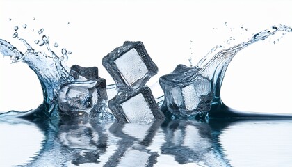 several ice cubes splashing water isolated on white background