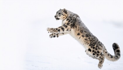 snow leopard jumping mid air white background