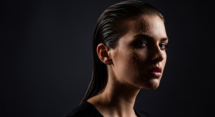 Dramatic portrait of a woman with wet hair, illuminated by soft light against a dark background.