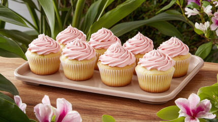Vanilla cupcake pink frosting dessert sweet bakery icing party celebration garden wooden table tray with vanilla cupcake pink frosting dessert