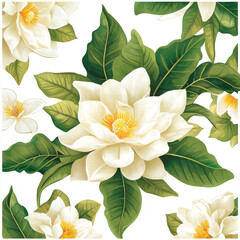 White flower magnolia floral pattern seamless background botanical illustration green leaf blooming natural light high resolution natural look