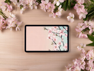 Spring blossom tablet mockup digital device blank screen floral border pastel color wood table top view natural light high resolution photograph