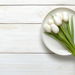White tulip flower spring blossom floral bouquet green leaf white plate wooden background minimal decoration natural light still life