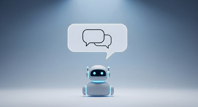 3D render of a cute robot chatbot avatar with a speech bubble, symbolizing AI, customer service, and digital communication.