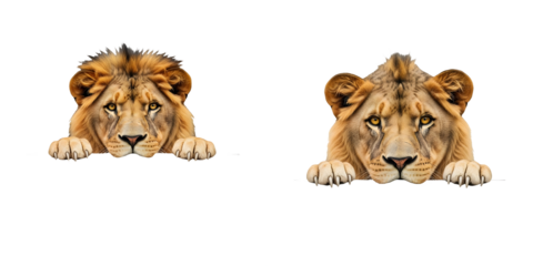 tow high quality loins peeking over black PNG  banner on white background stock image file ..../