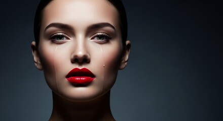Elegant Portrait of a Woman with Bold Red Lipstick and Dramatic Lighting.
