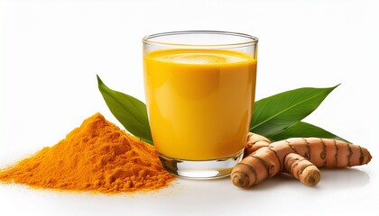 golden turmeric milk in a glass with fresh roots and powder isolated on white background