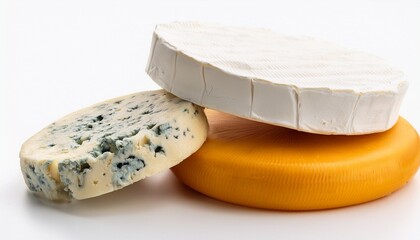 piles of swiss mozzarella and blue cheese side by side overhead on white background