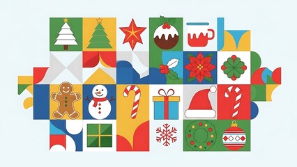 Fototapeta premium Colorful, geometric arrangement of iconic holiday symbols on a white background