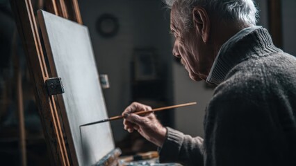 Senior artist painting in his studio.