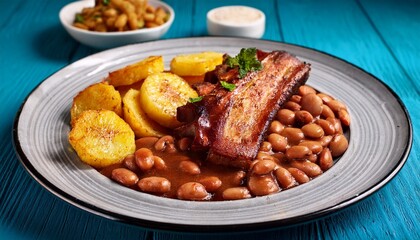 delicious pork belly dish with beans and fried plantains